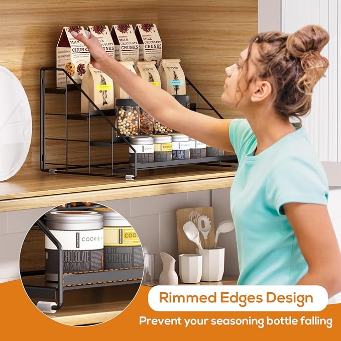 4 Tiered Spice Rack Organizer, 2 Pack Spice Rack Organizer for Cabinet, Tiered Adjustable Spice Shelf for Kitchen Countertop Pantry Organization (Carbon Black)