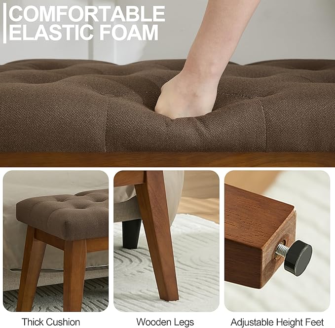 43.5'' Linen Bedroom Bench, Upholstered End of Bed Bench with Tufted Button, Padded Vintage Dining Bench, Entryway Bench with Solid Wood Legs, Kitchen, Living Room, Hallway, Brown Tufted