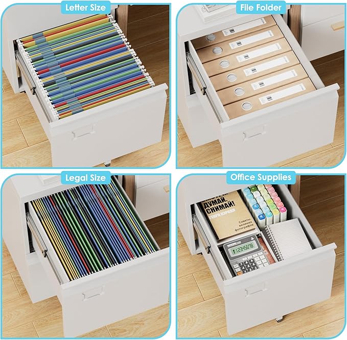 Aobabo 2 Drawer File Cabinet with Wheels, Lockable Metal Filing Cabinet with Business Card Slot for Legal/Letter Size for Home Office, Required Assembled,White