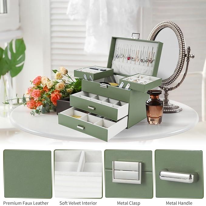 Dajasan Jewelry Organizer Box for Women Girls, Jewelry Holder Organizer, 4 Layers Leather Jewelry Box, Gift Idea for Valentine's Day, Christmas, New Year, Birthdays (Green)