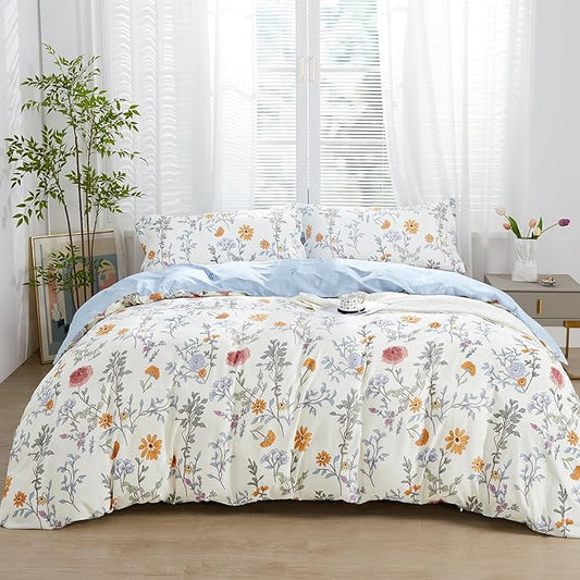 SAPHREAS Floral Duvet Cover Set King Size 3pcs Garden Style Botanical Flower Leaves Pattern Bedding Comforter Cover Set 100% Cotton 1 Duvet Cover 104"x90" 2 Pillow Shams, Comforter Not Included