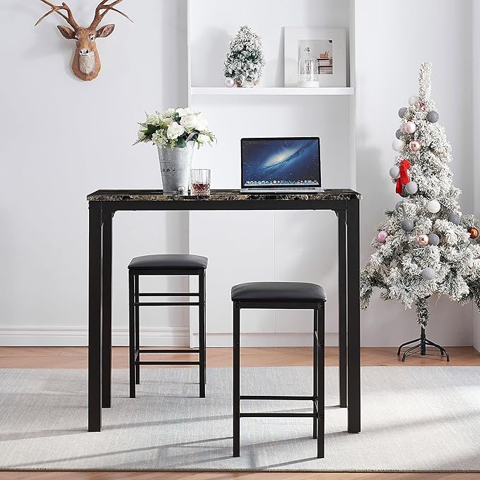 VECELO Dining Table Set with 2 Stools,3 Piece Counter Height for Kitchen, Living Room, Small Apartment