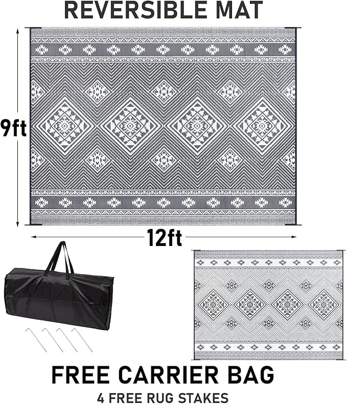 HiiARug Outdoor Rug for Patios Clearance 9'x12' Outdoor Plastic Straw Rug Waterproof Patio Camping Rug Reversible RV Mat Outdoor Area Rugs for Outdoors, RV, Patio, Backyard, Deck, Camping