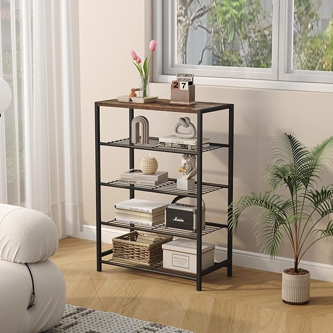 HOMEFORT 5-Tier Shoe Rack, Shoe Storage Shelf with MDF Top Board, Shoe Rack Organizer, Each Tier Fits 3 Pairs, Entryway Shoe Stand with Sturdy Shelves, Rustic Brown