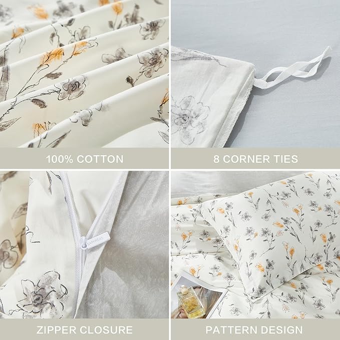 SAPHREAS Water Ink Grey Floral Duvet Cover Set King Size 3pcs Yellow Calla Lily Flowers White Bedding Comforter Cover Set 100% Cotton 1 Duvet Cover 104"x90" 2 Pillow Shams, Comforter Not Included