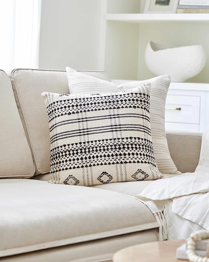 Hauteloom Viggo Decorative Throw Pillow Cover with Down Goose Feather Insert - Sofa Couch Cushion Cover - Cream