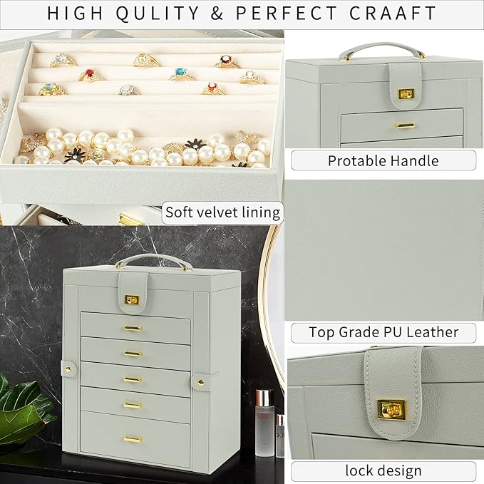 AKOZLIN Large Jewelry Box Organizer Functional Lockable with Big Mirror, Leather Jewelry Storage Case for Women Girls Ring Necklace Earring Bracelet Holder Organizer Grey