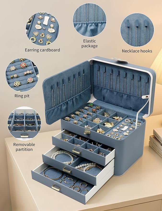 KAMIER Jewelry Boxes for Women, 4 Layer Jewelry Organizer with Mirror, 3 Drawers, Large Jewelry Box for Bracelets, Earrings, Rings, Necklaces, Mothers Day Gifts for Loved One, Bluish Grey