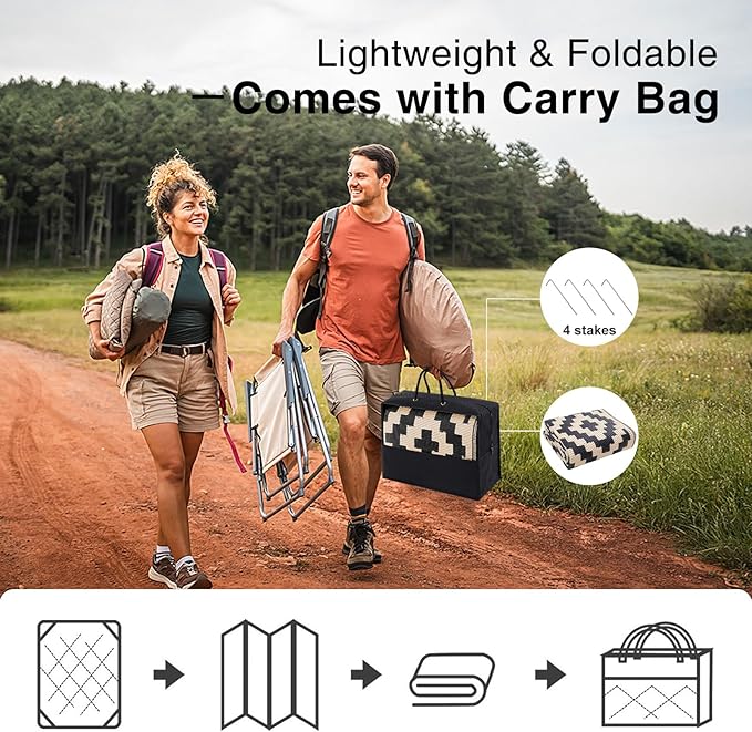 OLANLY Waterproof Outdoor Rug 9x12 ft, Outdoor Plastic Straw Rug for Camping, RV Mat Outside, Outdoor Carpet for Porch, Deck, Backyard, Balcony, Picnic, Black & Beige