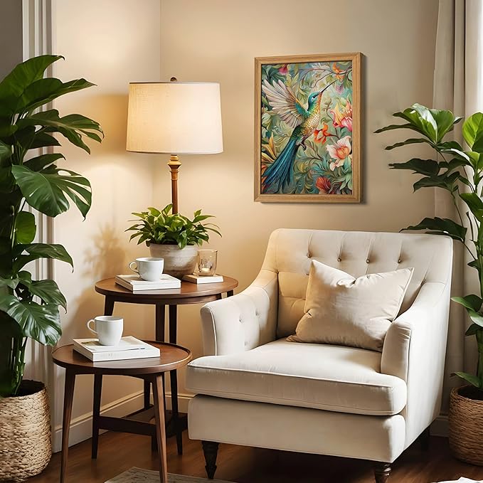 Framed Vintage 3D Textured Wall Art - Colorful Hummingbird Floral Wall Decor - Hand Painted Sandstone Nature Botanical Picture for Living Room Bedroom Home Decor 12x16 inch