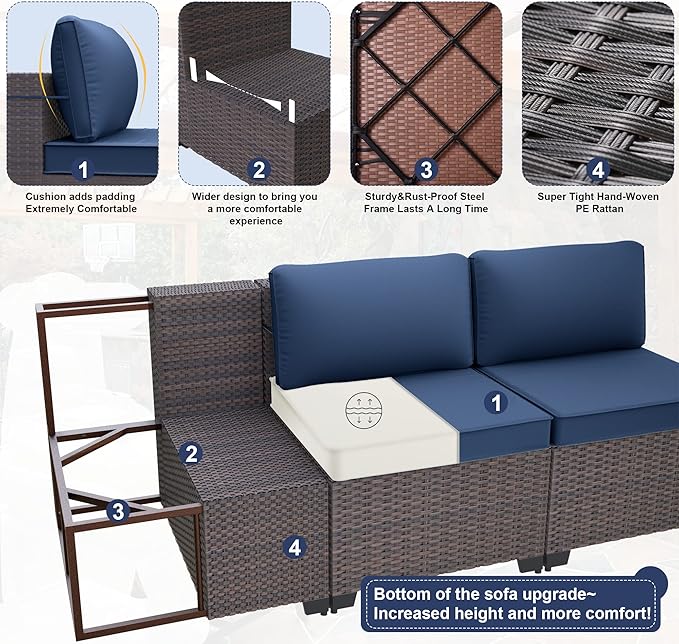 Kurapika 14 Pieces Patio Furniture Set, Rattan Wicker Outdoor Conversation Sets w/43in Propane Fire Pit Table and 4 Inch Cushion(Navy Blue)