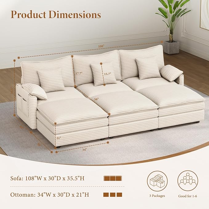 Vesgantti 108" Sectional Sleeper Sofa, 6-Seater Oversized Modular Cloud Couch with Movable Ottoman, Corduroy Large Sofa Bed Convertible Deep Seat Couches for Living Room, Bedroom and Apartment, Beige