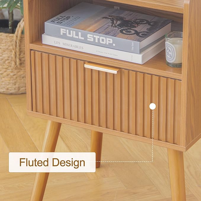 AWASEN Fluted Nightstand, Mid Century Modern Bedside Table with Storage Drawers, Wood Night Stand Bed Side Table with Solid Wood for Living Room, Bedroom, Office and Small Space (Brown)
