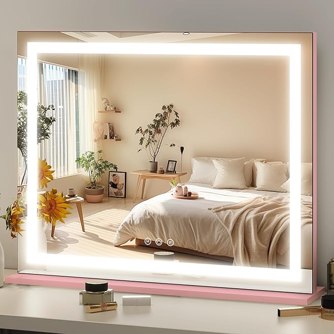 FENNIO Vanity Mirror with Lights 23"x18", Lighted Makeup Mirror, Large Vanity Mirror, Touch Sensor with 3-Color Lighting, 10X Magnification and USB Charging Port for Vanity Desk（Square Pink）