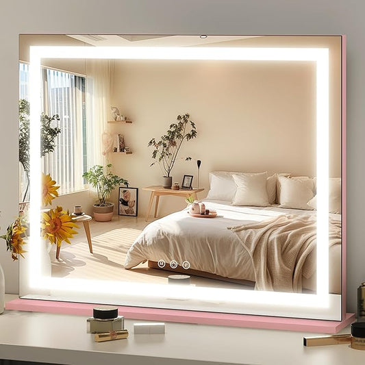 FENNIO Vanity Mirror with Lights 23"x18", Lighted Makeup Mirror, Large Vanity Mirror, Touch Sensor with 3-Color Lighting, 10X Magnification and USB Charging Port for Vanity Desk（Square Pink）
