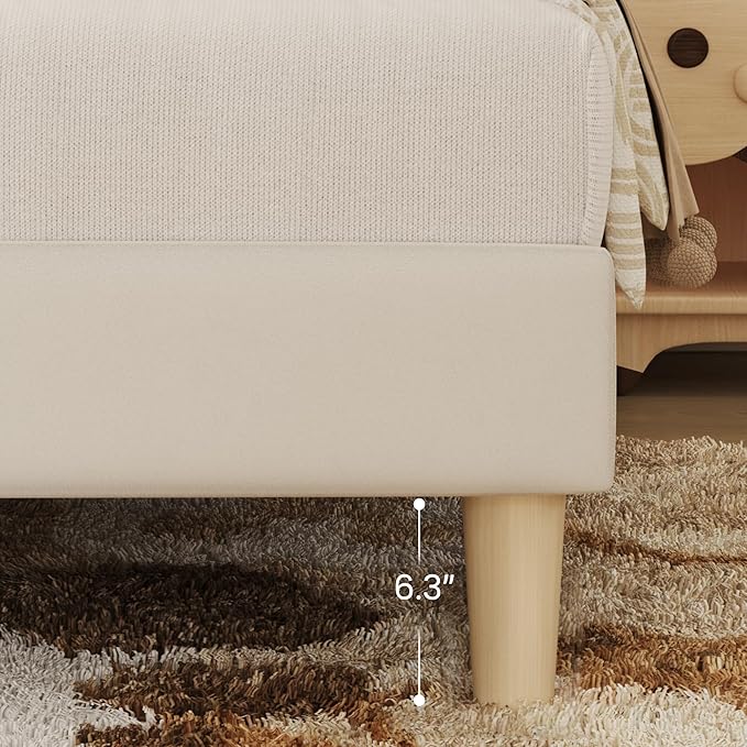 Twin Bed Frame, Platform Bed Frame with Velvet Upholstered Headboard, No Box Spring Needed, Sturdy Metal Support, Noise Free, Easy Assembly, Modern Bedroom Furniture, Beige