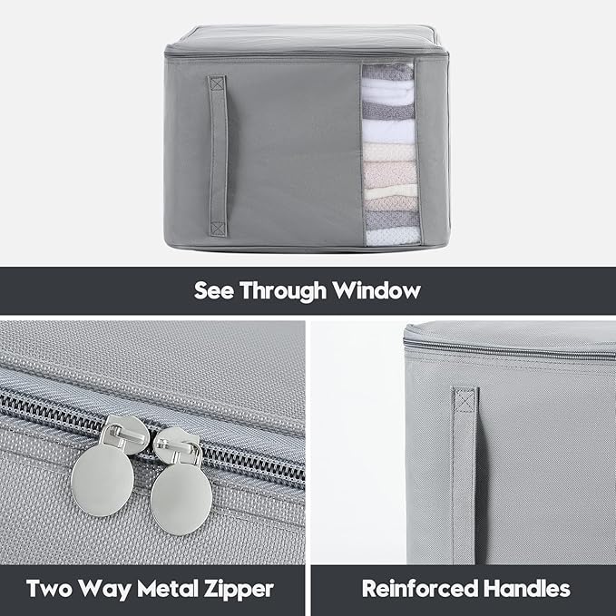 Comforter Storage Bags, Durable Oxford Fabric Clothes Organizer for Closet, Washable Collapsible Large Storage Containers for Clothing Blanket Linen Bedding, 3 Pack (Grey, 18 gallon x 3)