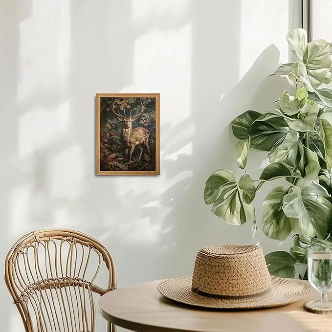 Framed 3D Textured Vintage Wall Art - Dark Academia Decor Sika Deer Hand Drawn Sandstone Paintings with Botanical Florals, Aesthetic Wall Decor for Living Room Bedroom Home 8x10 inch