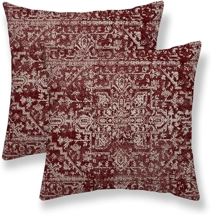 Boho Pillow Covers 20 x 20 Inch Set of 2, Bohemian Burgundy Carpet Pattern Decorative Throw Pillows Ethnic Rustic Farmhouse Cushion Cases Linen Gifts for Couch Sofa Outdoor Decor