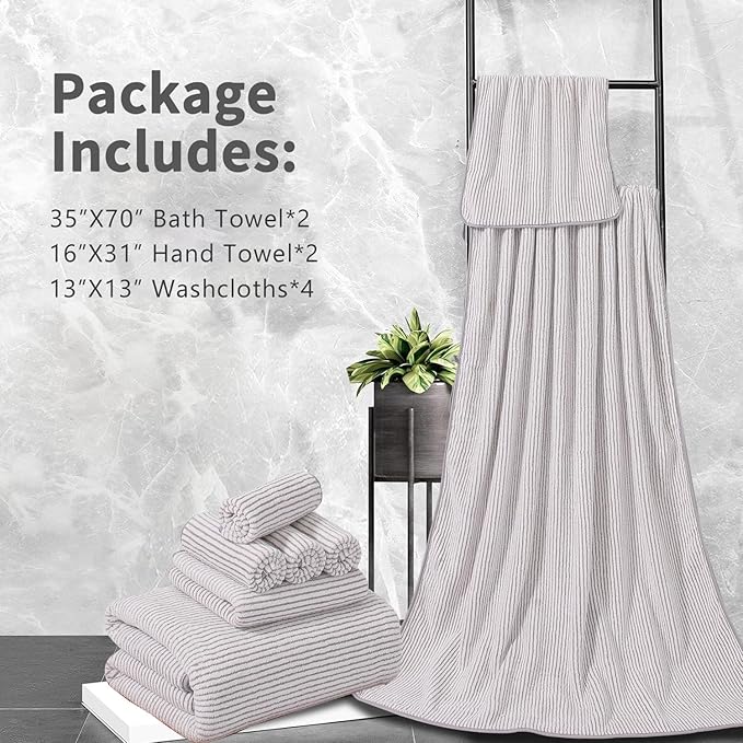 8-Piece Premium Towel Set for Bathroom|2 Oversized Large Bath Sheet,2 Hand Towels,4 Washcloths|Soft Cozy Highly Absorbent Fast Dry Microfiber Shower Towel Set for Hotel Bathroom Essentials,Beige White