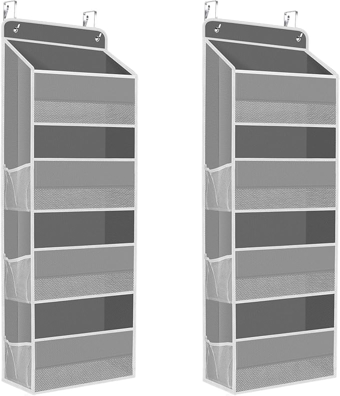 2 Pack Over The Door Organizer, Hanging Storage Organizer with Clear Window, 40lb Ultra Sturdy Large Capacity Room Organizer for Pantry Laundry Bathroom Nursery Closet (Grey)