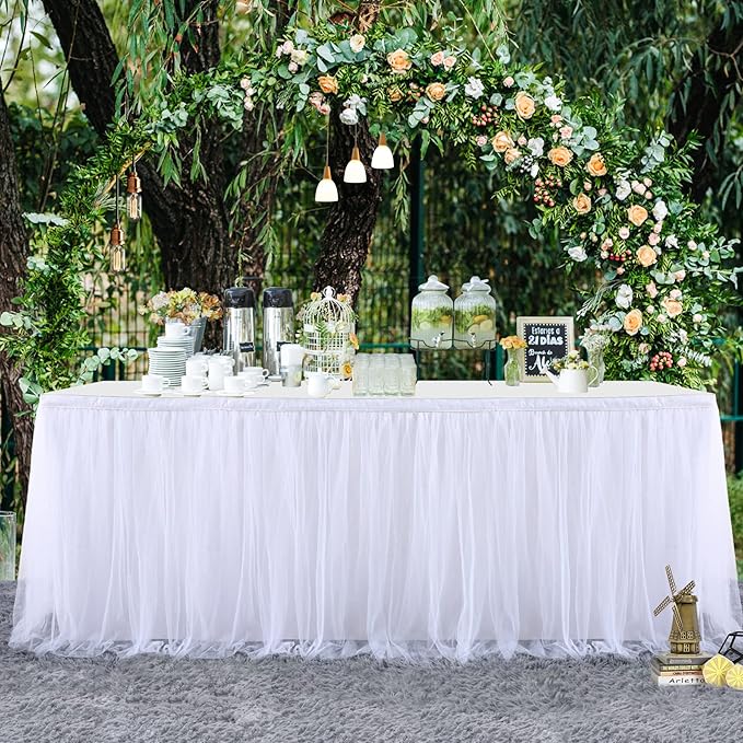 2 Pack 6ft White Tulle Table Skirts for wedding Bridal Shower White Ruffle Tutu Tablecloth for Baby Shower Birthday Party Banquet Baptism Cake Dessert Table Decorations