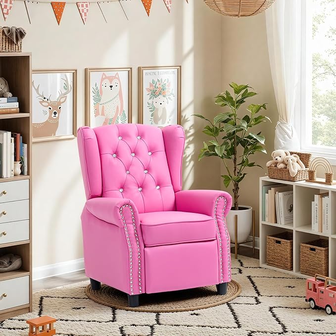 AVAWING Kids Wingback Recliner Chair with Studded Tufted Backrest & Nailhead Trim, PU Leather Kids Chair with Adjustable Backrest and Footrest, for Bedroom or Nursery, Pink
