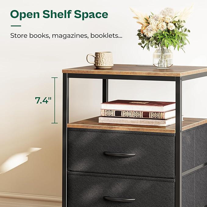 Huuger Night Stand with Charger Station, 27.7 Inch Tall Nightstand, Bed Side Table with 2 Fabric Drawers, Fabric Drawer Dresser for Bedroom, Living Room, Rustic Brown and Black