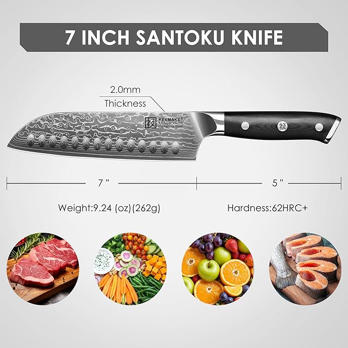 KEEMAKE Santoku Knife 7 inch, Ultra Sharp Damascus Kitchen Knife with Ergonomic Handle, 67-Layer Damascus Steel Knife, Japanese Chef Knife for Sushi Sashimi, Chopping Knife for Fruit Vegetable Meat