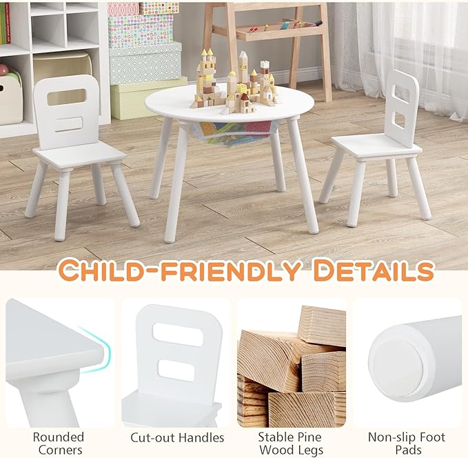 Costzon Kids Table and Chair Set, Wood Activity Table w/Center Mesh Storage, Children Furniture Gift for Boys & Girls, Ideal for Arts, Crafts, Snack Time, Homework, Toddler Table and Chairs, White