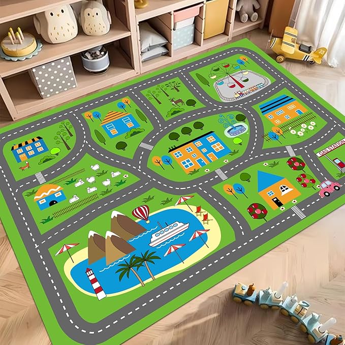 Kids Playmat Car Rug, Kids Play Rugs Town City Road Map Rug, Large Educational Car Mat, Boys Track Play Mat, Kid Rugs for Playroom Bedroom Living Room (Style 3, 59X 39.4 INCH)