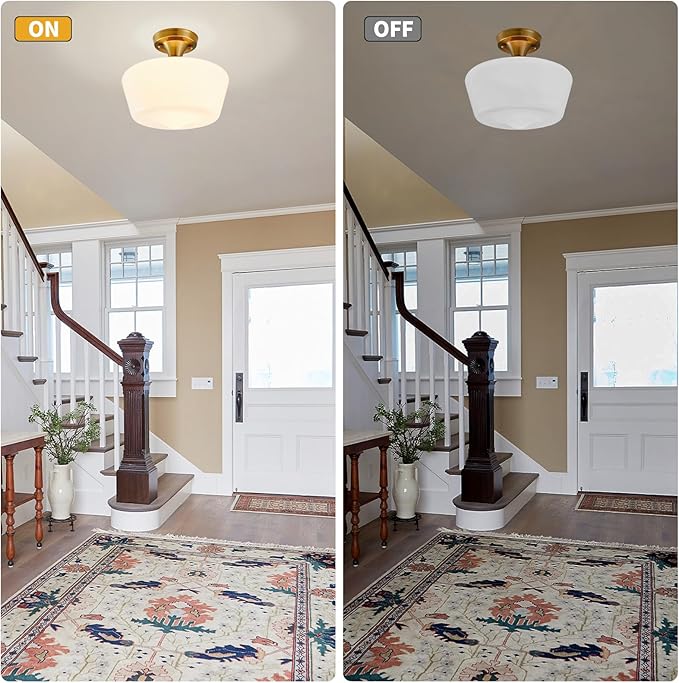 Schoolhouse Light Fixture Modern Gold Ceiling Light,Semi Flush Mount Ceiling Light,12''Wide Opal Milk Glass Shade,Brass Vintage Light for Farmhouse Bedroom Kitchen Hallway Entryway
