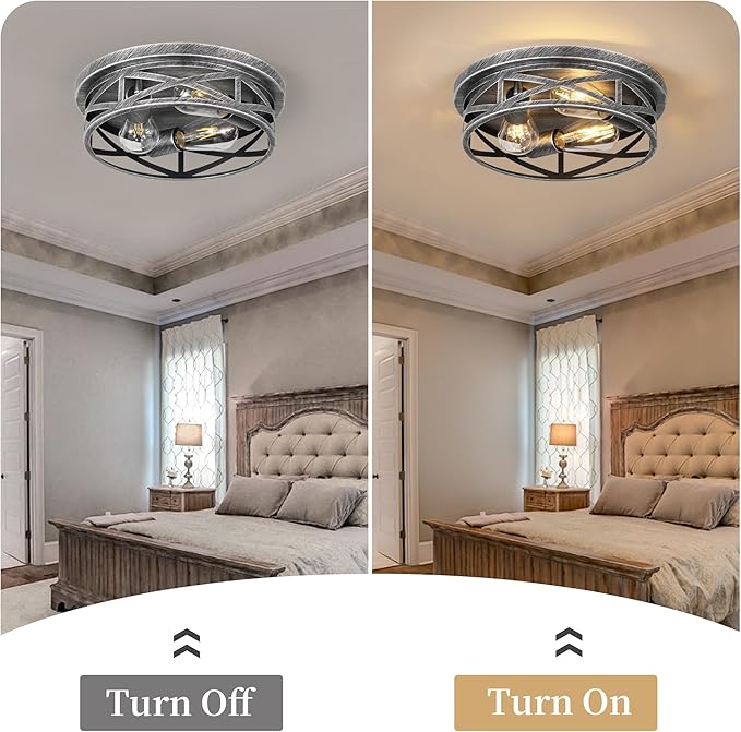 Close to Ceiling Light Fixtures, 3-Lights Cage Flush Mount Ceiling Light, Black and Silver Farmhouse Metal Semi Flush Mount Ceiling Light for House Hallway Kitchen Bedroom, 2 Pack