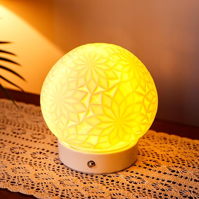 JHY DESIGN Ceramic Spherical Decorative lamp 6.5" H Rechargeable Table Lamp Dimmable Touch Control Desk lamp for Home Bedroom Living Room Outdoors(Snowflake)