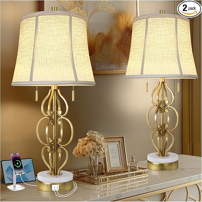 Scenekoy 27.75” Iron Art Table Lamp Set of 2 for Bedroom Living Room, Gold Leaf Night Stand Bedside Lamps with USB Ports, Pull Chains Modern Nightstand Lamp Line Shade for Home Decor (Bulbs Included)