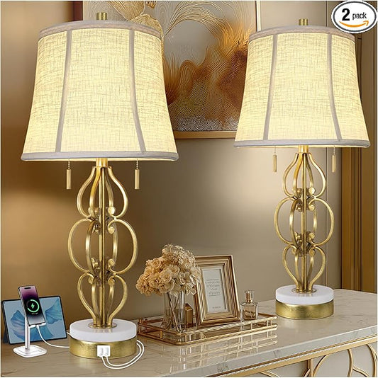 Scenekoy 27.75” Iron Art Table Lamp Set of 2 for Bedroom Living Room, Gold Leaf Night Stand Bedside Lamps with USB Ports, Pull Chains Modern Nightstand Lamp Line Shade for Home Decor (Bulbs Included)