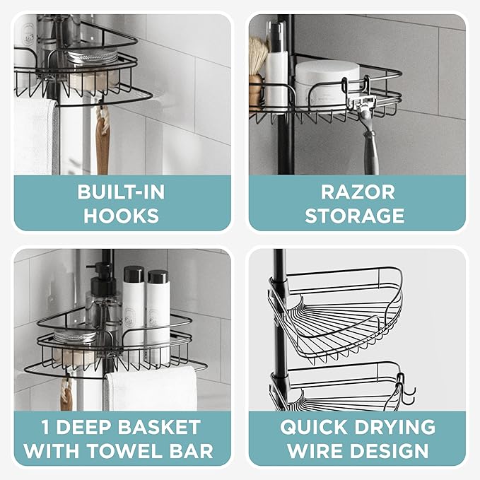 Zenna Home Tension Pole Shower Caddy Corner Organizer, Adjustable Standing Shower Caddy with 4 Baskets and Built in Towel Bar, Rust Resistant Bathroom Tension Rod Organizer, 60 to 97 Inch, Matte Black