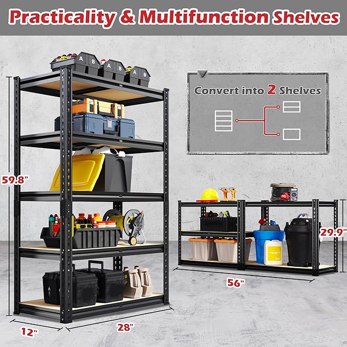 REIBII Storage Shelves 2020LBS Garage Shelving Heavy Duty 5 Tier Metal Shelving Adjustable Metal Shelf 59.8" H Pantry Shelf for Kitchen Warehouse Basement 28" W x 12" D x 59.8" H, Black