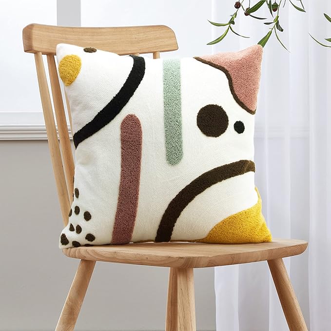 Merrycolor Colorful Boho Throw Pillow Covers 18x18 inch Tufted Modern Abstract Line Art Cute Pillows for Bedroom Aesthetic Embroidered Decorative Pillow Cases for Couch Sofa Bedroom Living Room,1PC