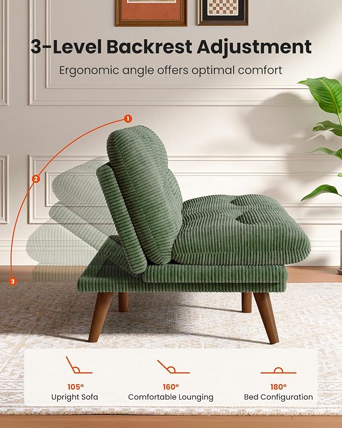 Pipishell Futon Sofa Bed, Modern 66" Futon Couch Convertible to Bed & Lounger, Compact Size, Comfortable Cushions, Durable Construction - Fits Small Spaces, Corduroy (Seaweed Green, 66 Inch)