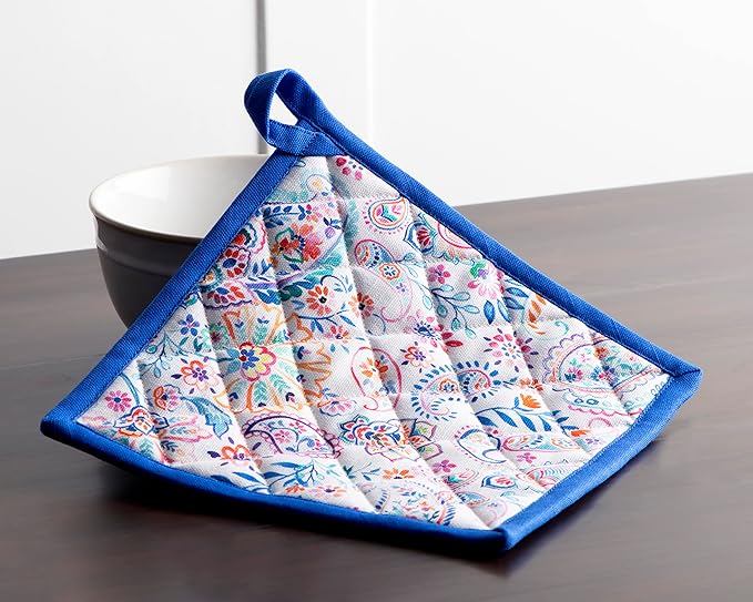 Maison d' Hermine 100% Cotton Oven Mitt & Pot Holder Set (7.5"x13" & 8"x8") Heat Resistant BBQ Cooking Gloves with Loop, Baking, Grilling, Kitchen, Handling Hot Pans Spring/Summer (Indian Floral)