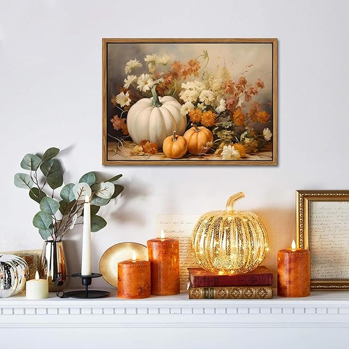 Framed Fall Pumpkin Canvas Wall Art - Farmhouse White & Orange Pumpkins Still Life Pictures Prints, Autumn Halloween Thanksgiving Wall Decor for Living Room Kitchen 16x24 inch