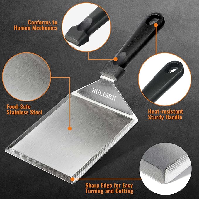 HULISEN Stainless Steel Spatula 2 pcs, 6 x 5 Inch Large Metal Spatula with Cutting Edges, Griddle Spatula for Smashed Burger, Essential Flat Top Grill Accessories, Grill Spatula for Outdoor Grill