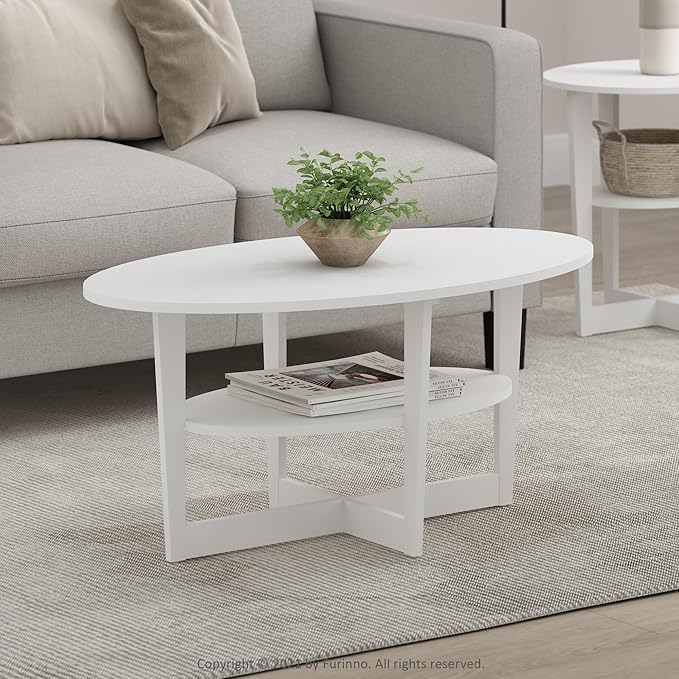 Furinno Jaya Oval Coffee Table, 35.43 (W) x 16.49 (H) x 19.69 (D) inches, White