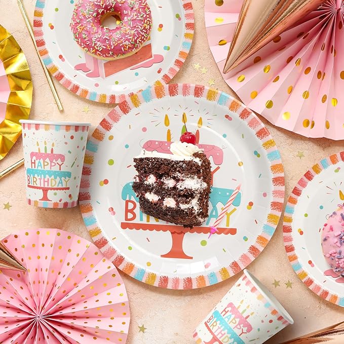 100pcs Birthday Party Plates Disposable Tableware Set Birthday Cake Pattern for 25 Guests Kid's Party Table Supplies（Include Plates, Cups and Napkins）
