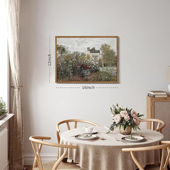 Floating Framed Vintage Monet Canvas Wall Art, Classical Rustic Farmhouse Landscape Wall Decor Paintings, Natural Floral Artwork Pictures Posters Prints for Living Room Bedroom 12x16 inch