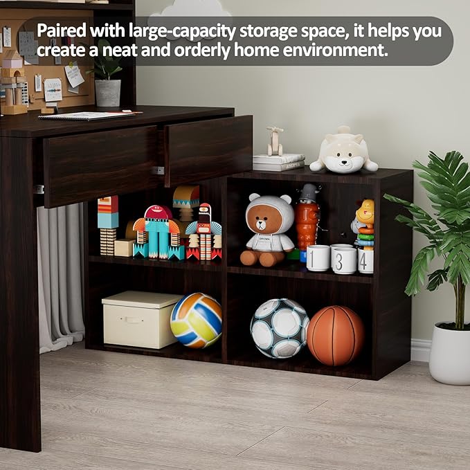 Wooden Kids Desk and Chair Set, 2 Drawers and Remove Storage 4 Cabinets, Children Study Desk with Hutch and Shelves, Boys & Girls Study Desks for Kids Bedroom (Espresso)-7Cp1CF
