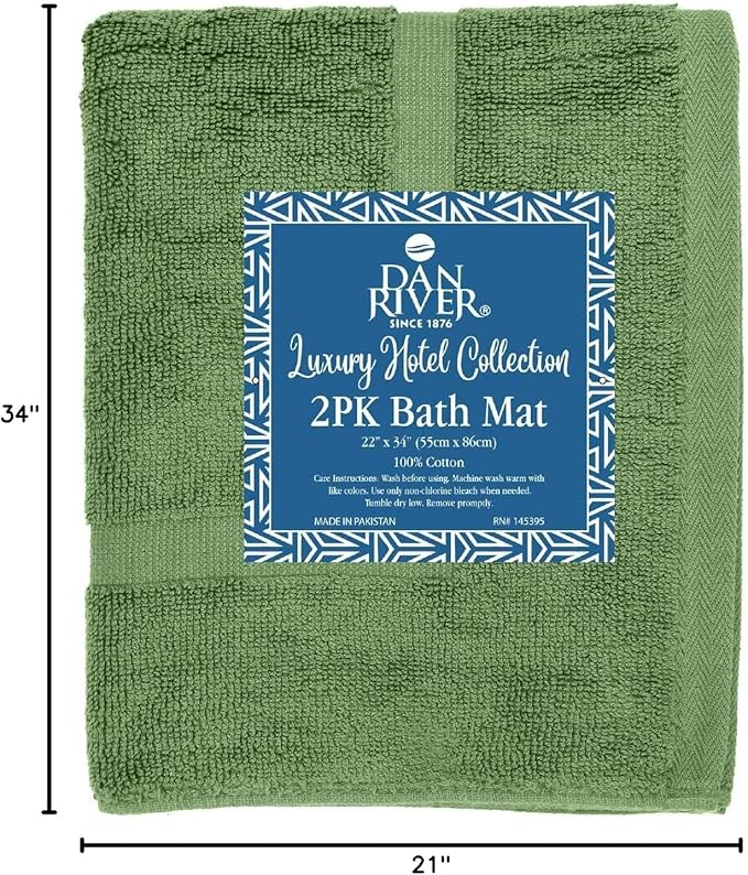 DAN RIVER Classic Bath Mat - Green, 100% Ring Spun Cotton, Pack of 2, 21x34 inches, 800 GSM, Non-Slip, Absorbent, Quick Drying, Machine Washable Bathroom Floor Mats for Shower, Kitchen & Bath