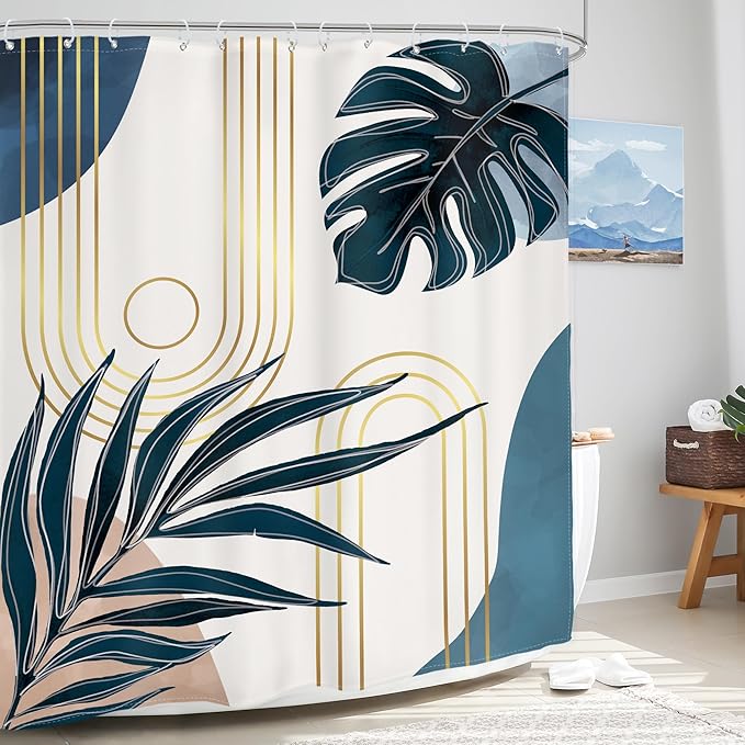 Glawry Boho Navy Blue Shower Curtain Mid Century Abstract Tropical Palm Leaf Modern Minimalist Plant Botanical Bathroom Geometric 60Wx72L Inches Bath Accessories Art Home Decor Fabric 12 Pack Hooks