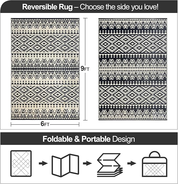 Waterproof Outdoor Rug 6x9ft, Bohemia Reversible Plastic Straw Mat for Patio RV Deck Porch Backyard Balcony Camping Picnic Beach Indoor Outdoor Carpet, Black&Beige